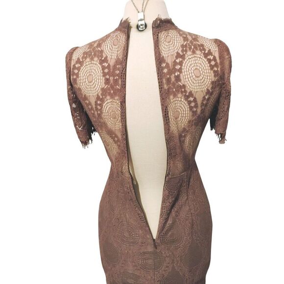 L'atiste Dress Victorian Lace Romantic Stretchy Sheer Panels Brown Mauve Tan S - Picture 4 of 14